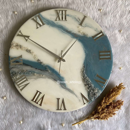 Epoxy Resin Wall Clock | Unique home decor | Housewarming gift - Blue and white