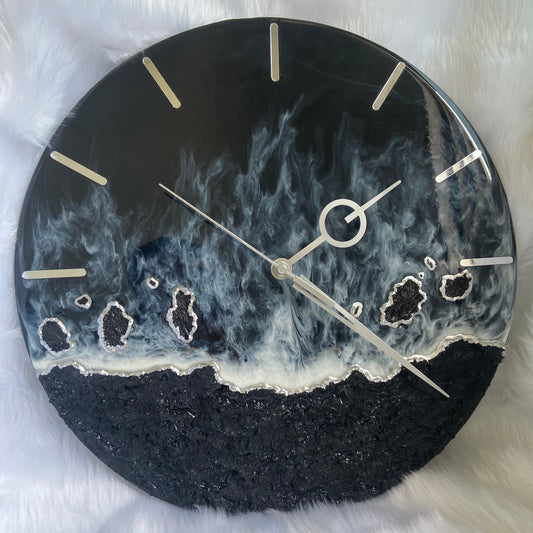 Epoxy Resin Wall Clock | Unique home decor | Housewarming gift - Black and Silver Beach Clock