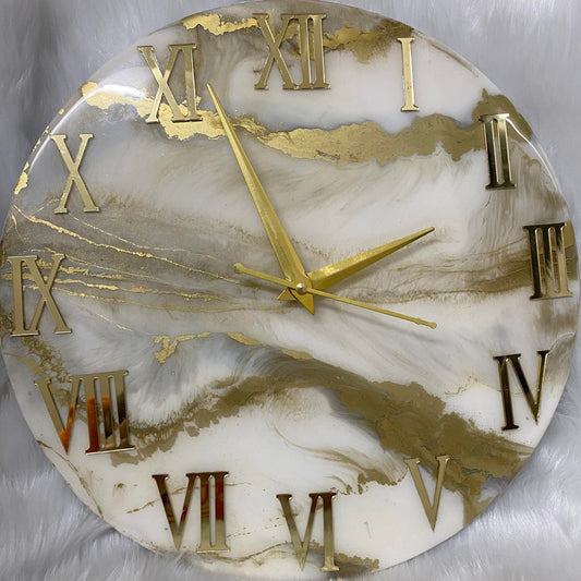 Epoxy Resin Wall Clock | Unique home decor | Housewarming gift - Golden and White Clock