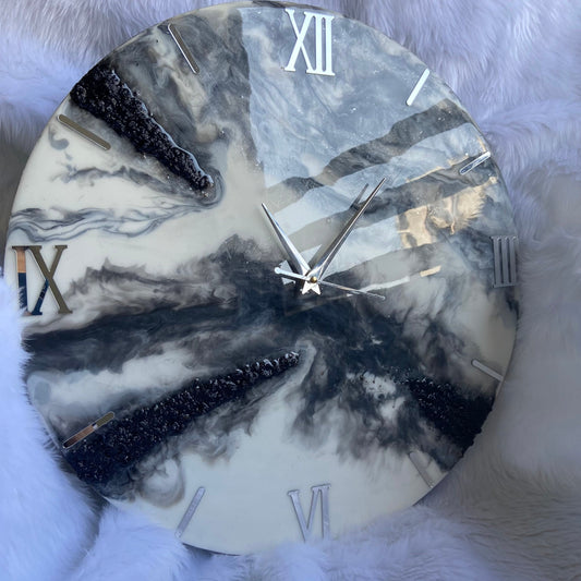 Epoxy Resin Wall Clock | Unique home decor | Housewarming gift - Black and Grey Clock