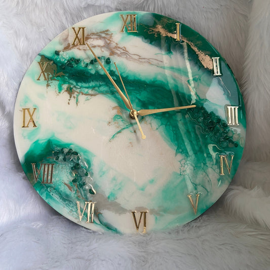 Epoxy Resin Wall Clock | Unique home decor | Housewarming Gift | Green and White Clock