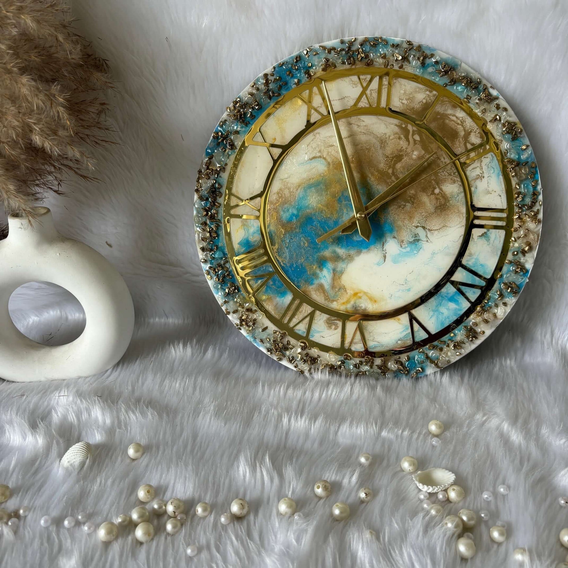 Epoxy Resin Wall Clock | Unique home decor | Housewarming gift - White Blue and Golden Geode Clock