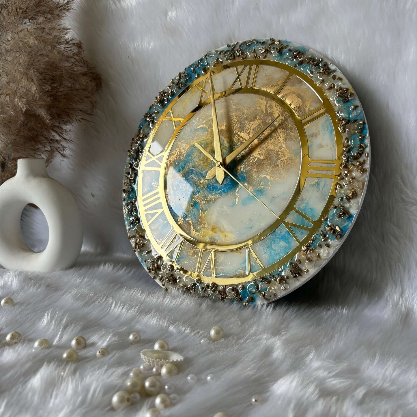 Epoxy Resin Wall Clock | Unique home decor | Housewarming gift - White Blue and Golden Geode Clock