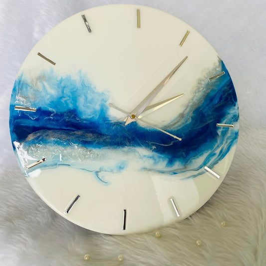 Epoxy Resin Wall Clock | Unique home decor | Housewarming gift - White and Blue Clock