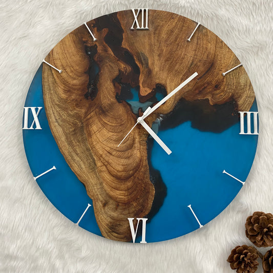 Epoxy Resin Wall Clock | Unique home decor | Housewarming gift - Blue Wooden Clock