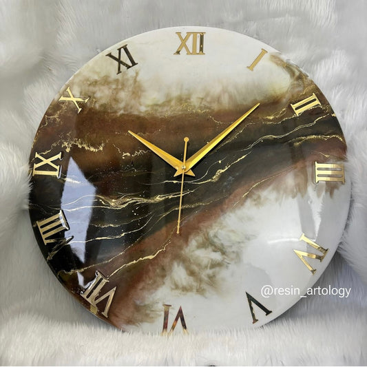 Epoxy Resin Wall Clock | Unique home decor | Housewarming gift - Brown White and Golden Clock