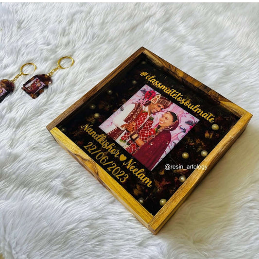 Resin Flower preservation Frame -Resin Varmala Preservatio - Personalized Gift - Customized with Your Photos and Text With teak Wood Frame - Size 8/8 Inches