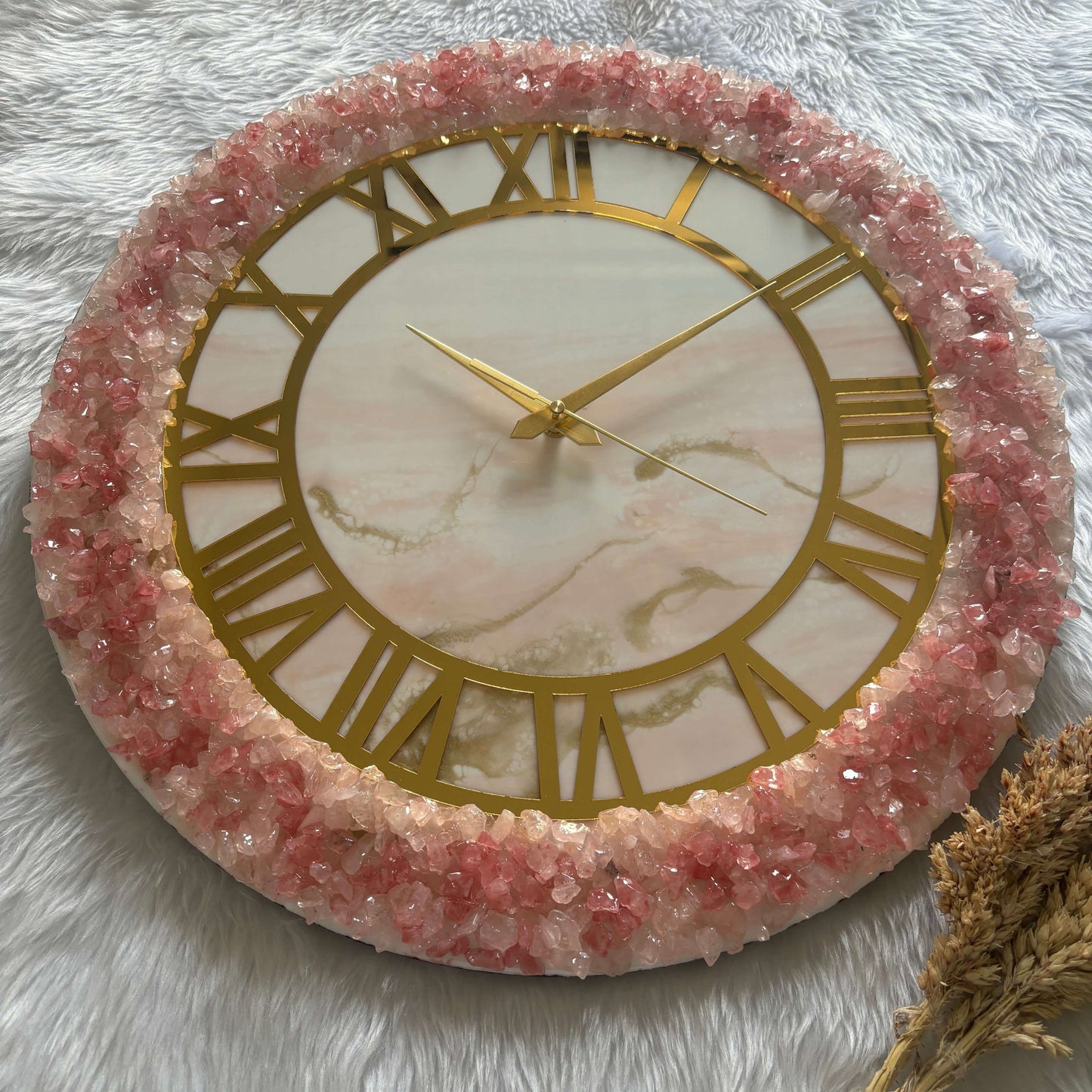 Epoxy Resin Wall Clock | Unique home decor | Housewarming gift - White Pink and Golden Geode Clock