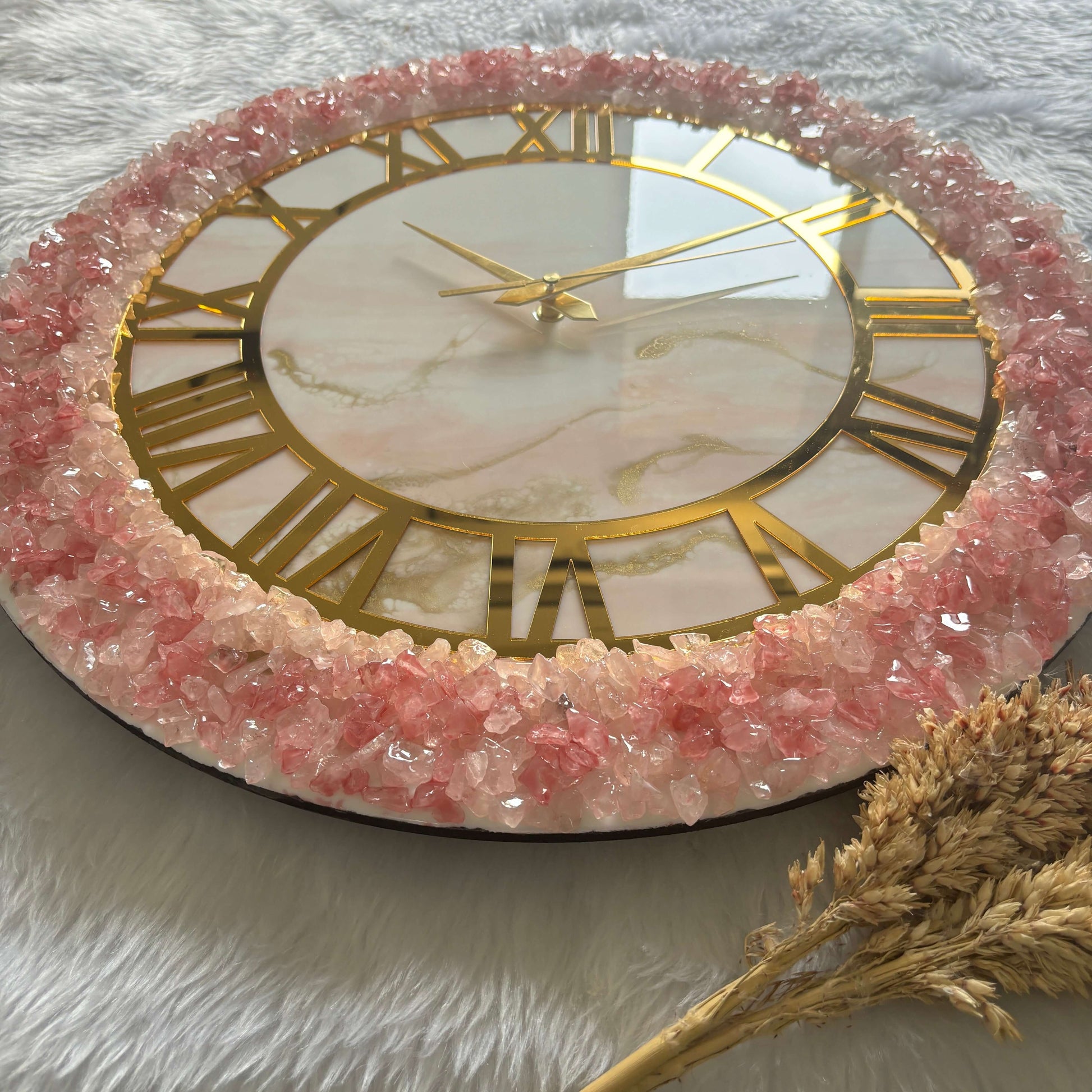 Epoxy Resin Wall Clock | Unique home decor | Housewarming gift - White Pink and Golden Geode Clock