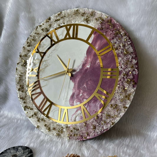 Epoxy Resin Wall Clock | Unique home decor | Housewarming Gift | Purple White and Golden Geode Clock