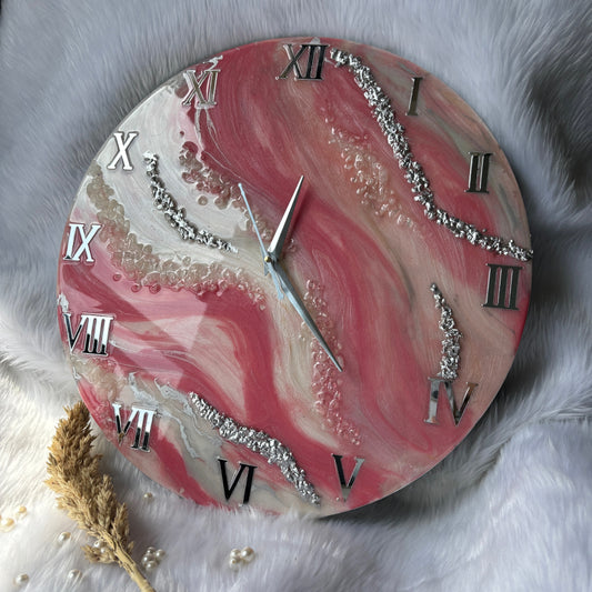 Epoxy Resin Wall Clock | Unique home decor | Housewarming gift -Rose Pink And WhiteClock