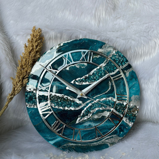 Epoxy Resin Wall Clock | Unique home decor | Housewarming gift - Teal Blue Geode Clock