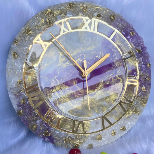 Epoxy Resin Wall Clock | Unique home decor | Housewarming Gift | Purple and Golden Geode Clock