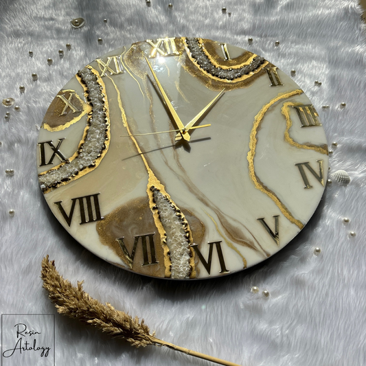 Epoxy Resin Wall Clock | Unique home decor | Housewarming gift - White and Gold Clock