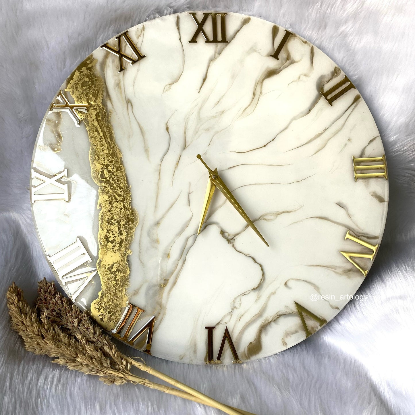 Epoxy Resin Wall Clock | Unique home decor | Housewarming gift - Ivory and Golden Clock