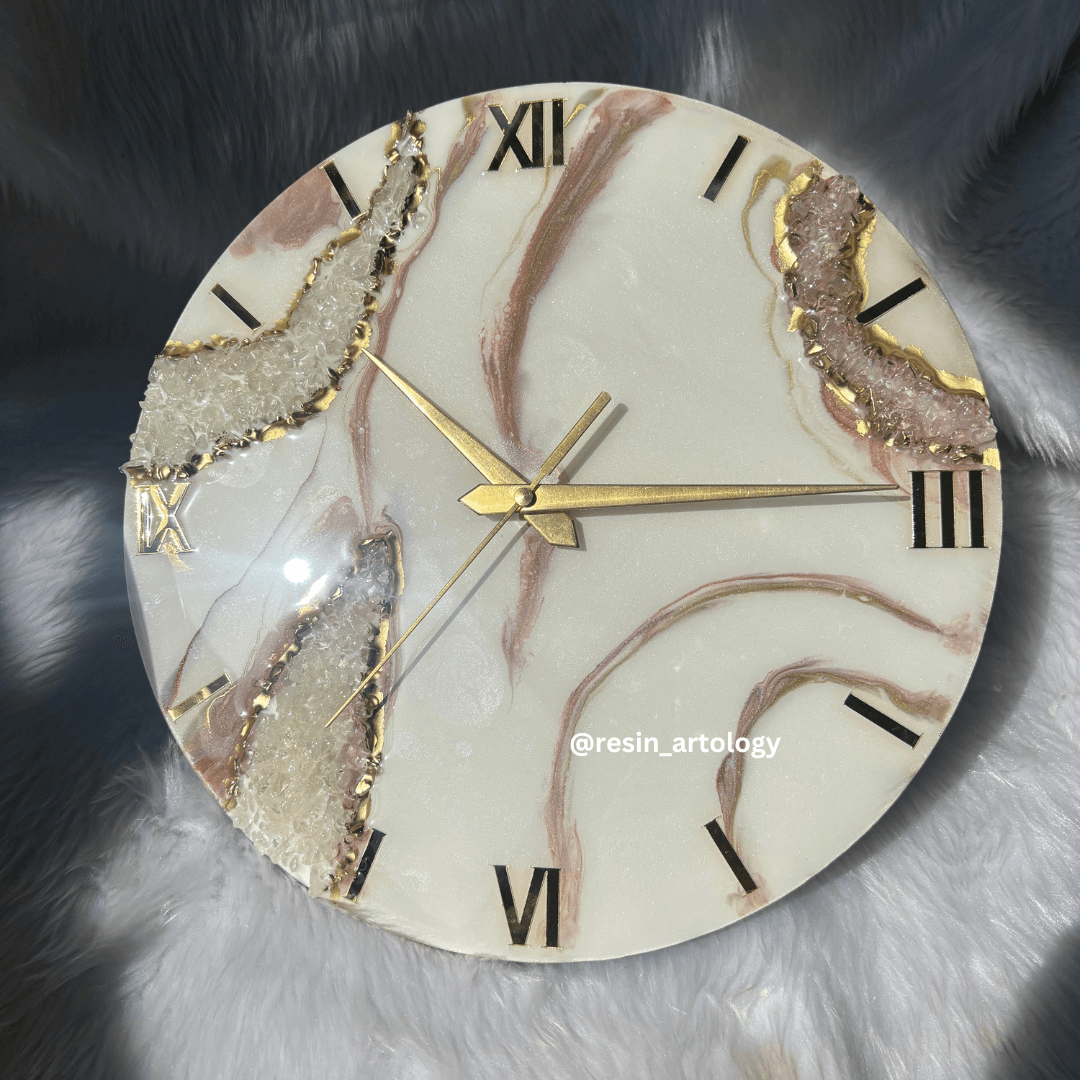 Epoxy Resin Wall Clock | Unique home decor | Housewarming gift - Golden and White Clock