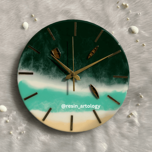 Epoxy Resin Wall Clock | Unique home decor | Housewarming gift - Beach Theme Green ocean And white Clock