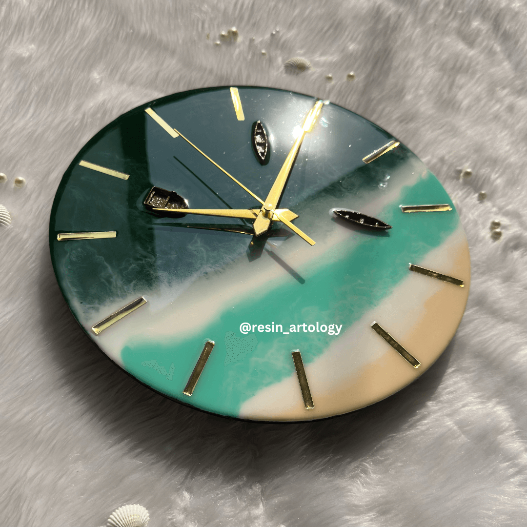 Epoxy Resin Wall Clock | Unique home decor | Housewarming gift - Beach Theme Green ocean And white Clock