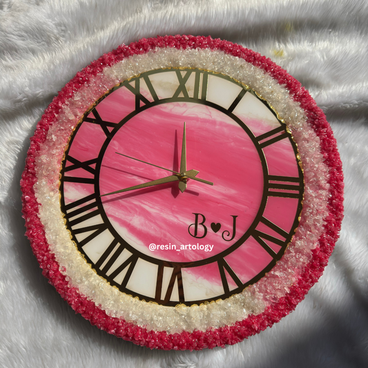 Epoxy Resin Wall Clock | Unique home decor | Housewarming gift - White Pink and Golden Geode Clock