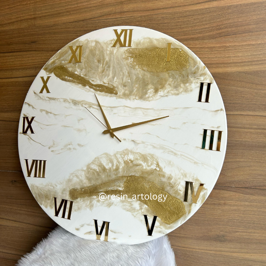Epoxy Resin Wall Clock | Unique home decor | Housewarming gift - Golden and White Clock