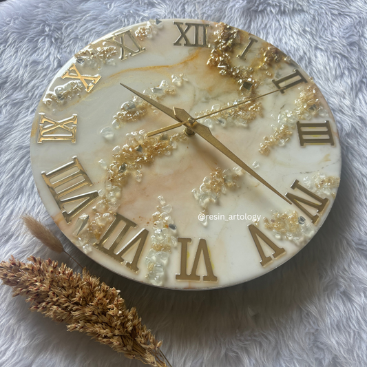 Epoxy Resin Wall Clock | Unique home decor | Housewarming gift - Golden and White Clock