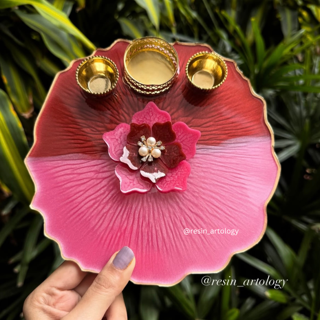 EPOXY Resin POOJA Thali/Aarti thali/Pooja thali/Diwali Resin thali - Pink & Red