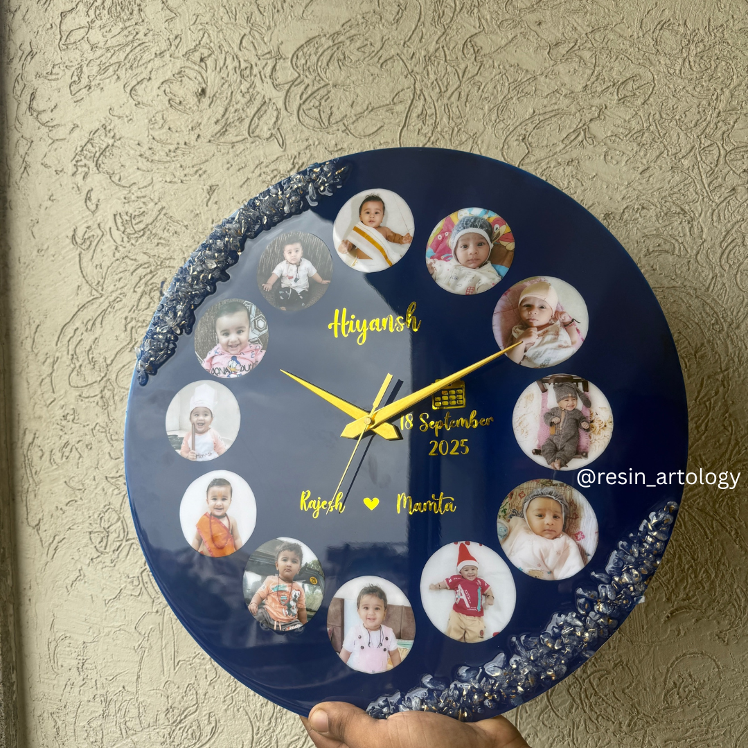 Resin Customized Clock - Personalized Gift - Customized with Your Photos and Text ( Blue )