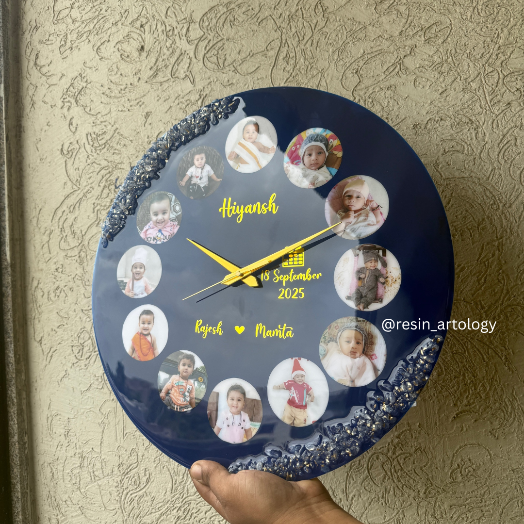 Resin Customized Clock - Personalized Gift - Customized with Your Photos and Text ( Blue )
