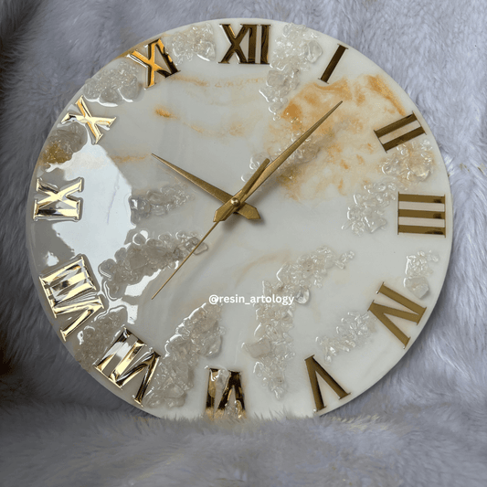 Epoxy Resin Wall Clock | Unique home decor | Housewarming gift - Golden and White Clock