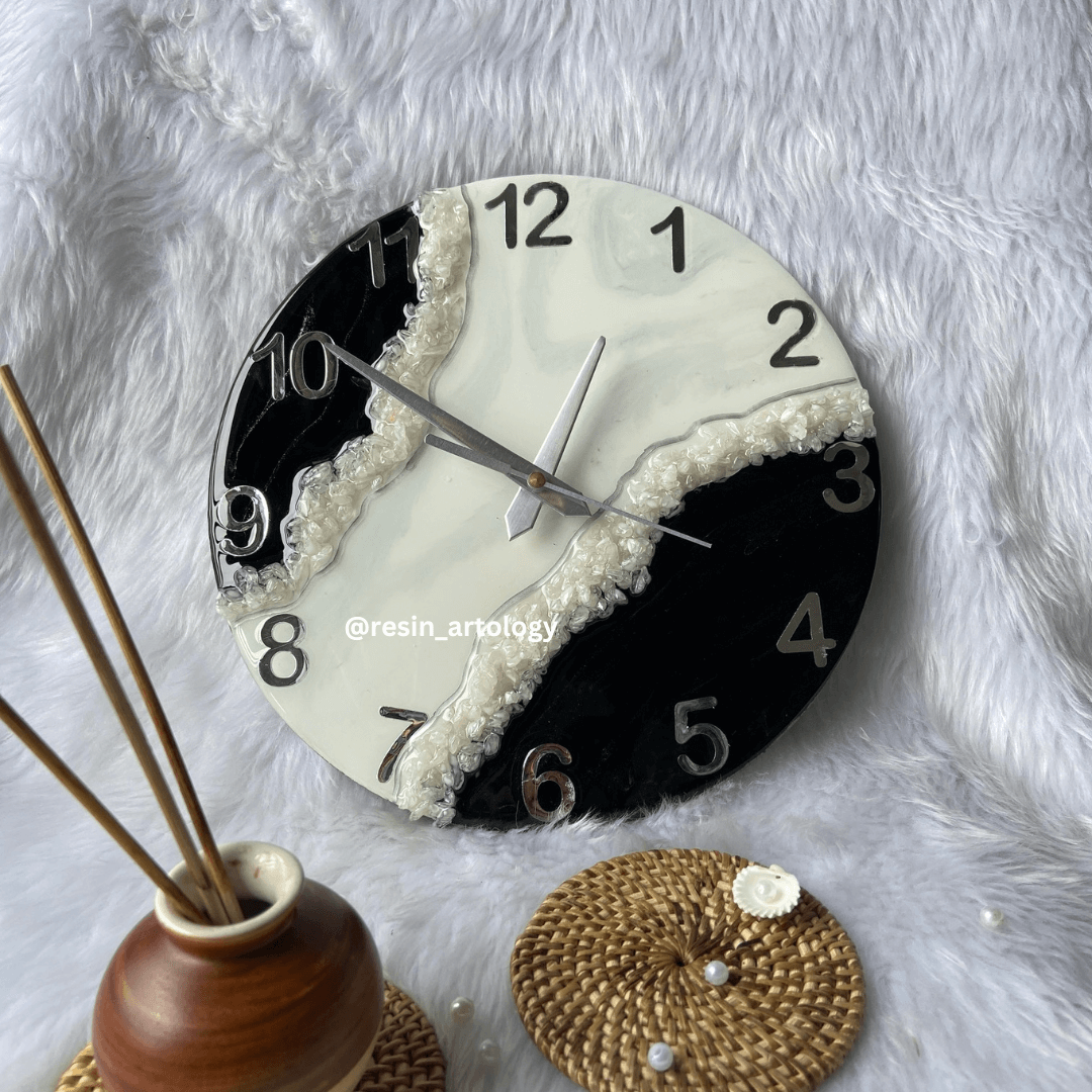 Epoxy Resin Wall Clock | Unique home decor | Housewarming gift - Black and Silver Clock