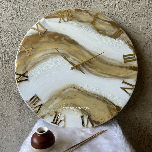 Epoxy Resin Wall Clock | Unique home decor | Housewarming gift - Golden and White Clock