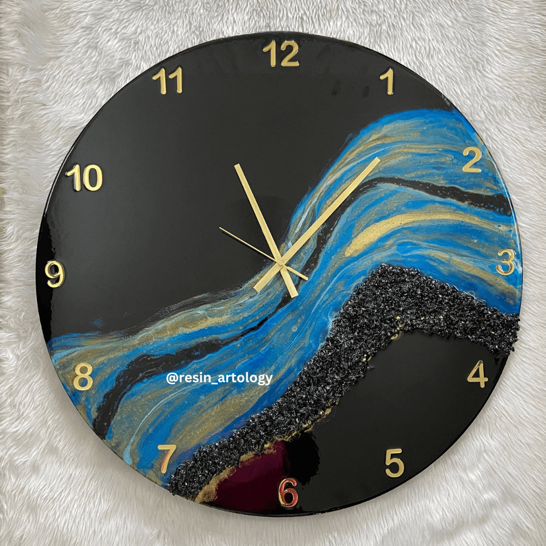 Epoxy Resin Wall Clock | Unique home decor | Housewarming gift - Blue Golden And Black Clock